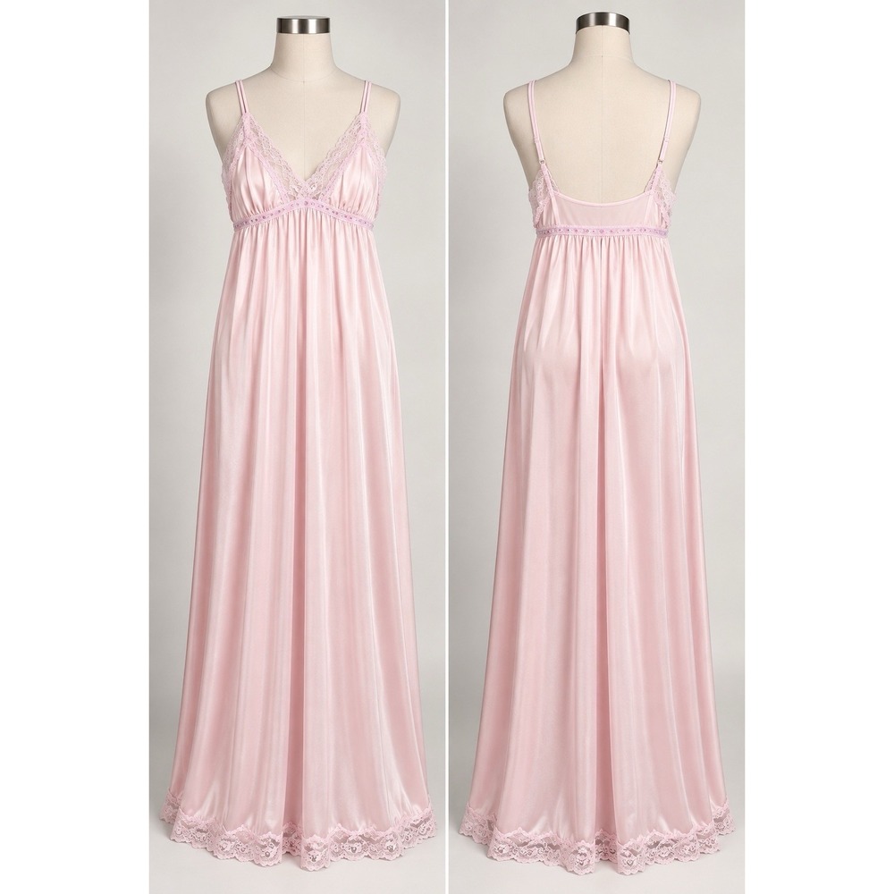 Shadowline Womens M Pink Nylon Lace Long Nightgown Lingerie USA Vintage